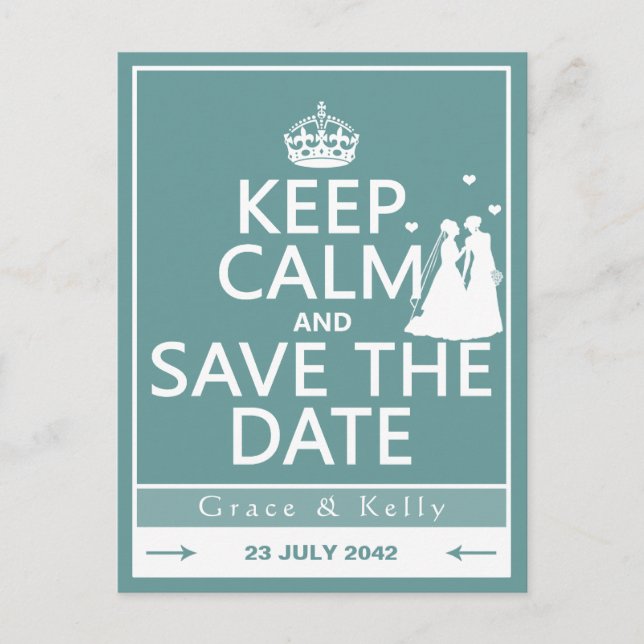 Keep Calm and Save The Date Lesbian Wedding Announcement Postcard (Front)