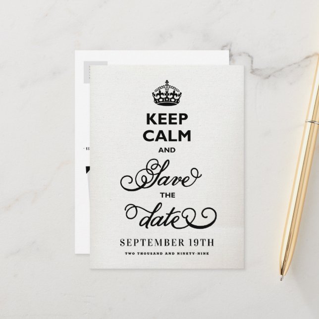 Keep Calm And Save The Date White Canvas Funny Announcement Postcard (Front/Back In Situ)