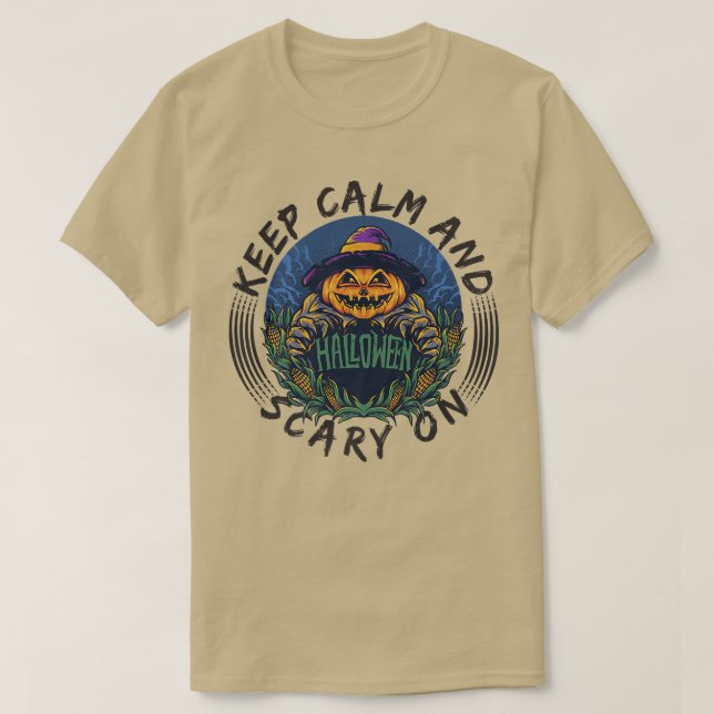 Keep Calm and Scary On Funny JackOLantern Hallowee T-Shirt (Design Front)