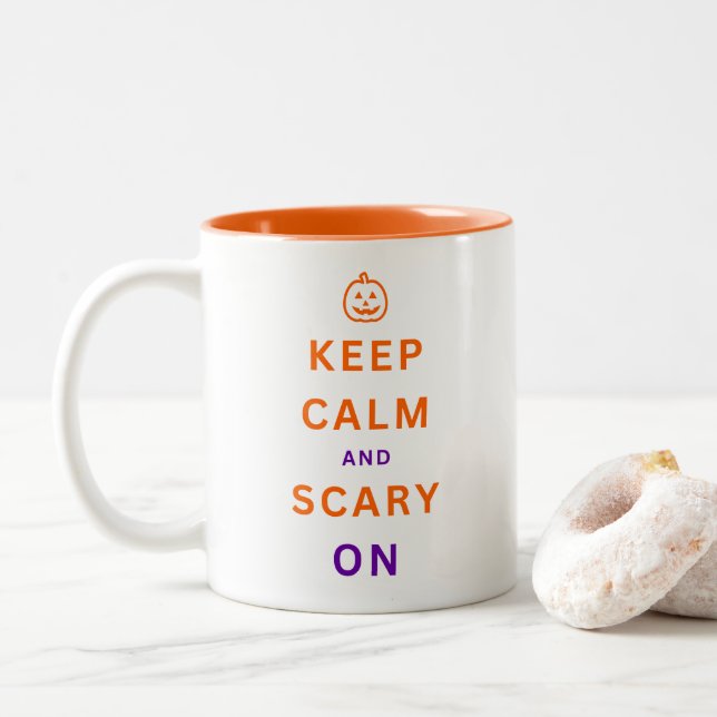 Keep Calm and Scary On Orange Text & Pumpkin Two-Tone Coffee Mug (With Donut)