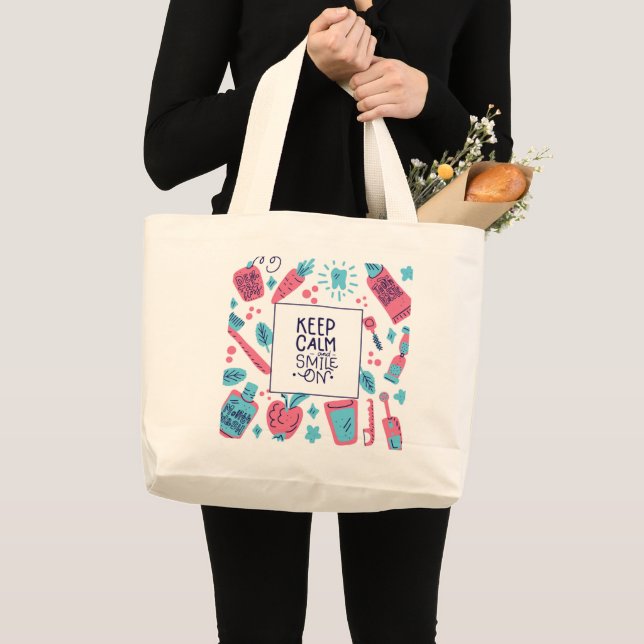 Keep Calm And Smile On | Cute Phrase Large Tote Bag (Front (Product))