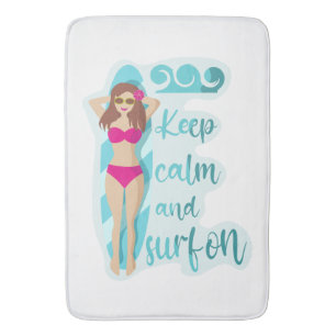 Keep calm and surf on brunette girl Card Bath Mat