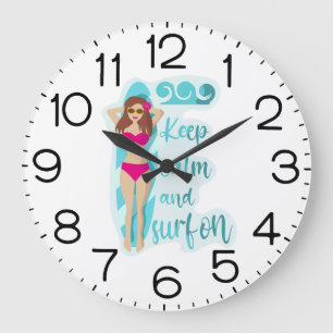 Keep calm and surf on brunette girl Card Large Clock