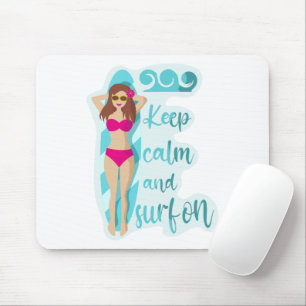 Keep calm and surf on brunette girl Card Mouse Mat