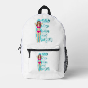 Keep calm and surf on brunette girl Card Printed Backpack