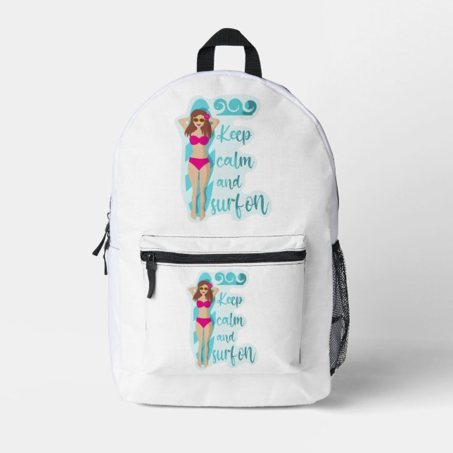 Keep calm and surf on brunette girl Card Printed Backpack (Front)