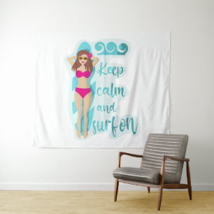 Keep calm and surf on brunette girl Card Tapestry