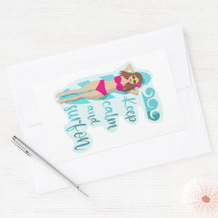 Keep calm and surf on brunette girl  rectangular sticker
