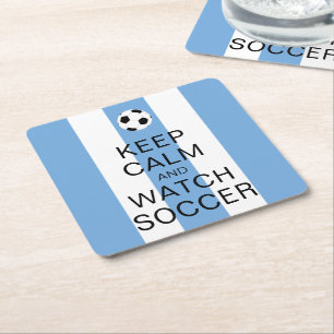 Keep Calm and Watch Soccer Argentina Blue Stripes Square Paper Coaster