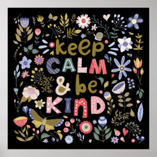 Keep Calm Be Kind Folk Art Flowers Poster