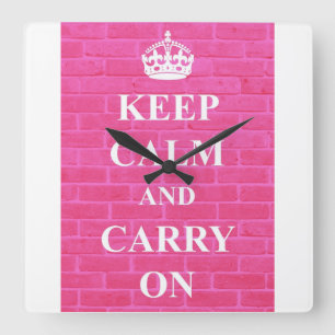Keep Calm & Carry On Pink Square Wall Clock