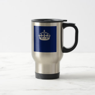 Keep Calm Crown Icon on Navy Blue Travel Mug