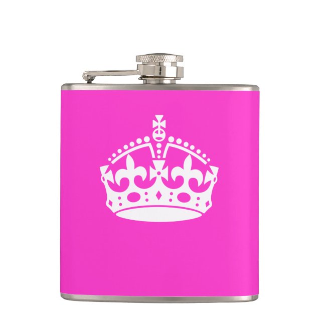 KEEP CALM CROWN Royal Icon on Pink Customise it Hip Flask (Front)