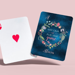 Keep calm elegant girly floral script monogrammed playing cards