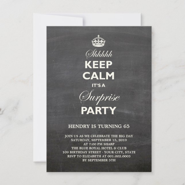 Keep Calm Funny Chalkboard Surprise Birthday Party Invitation (Front)