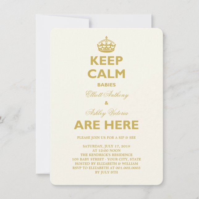 Keep Calm Funny Sip & See Twins New Babies Birth Invitation (Front)