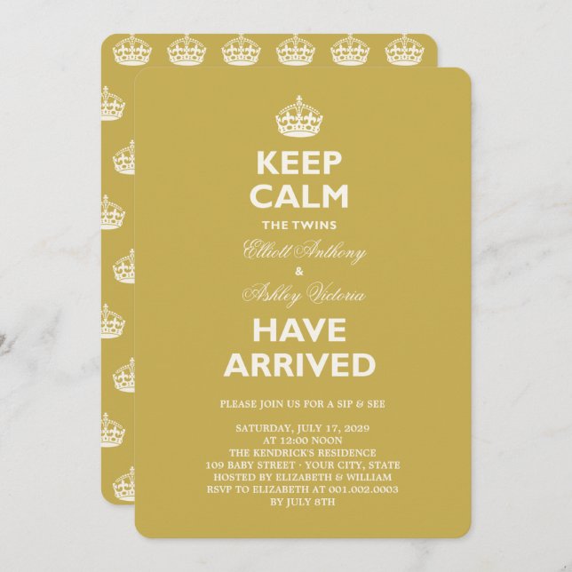 Keep Calm Funny Twins Baby Sip & See Party Invite (Front/Back)