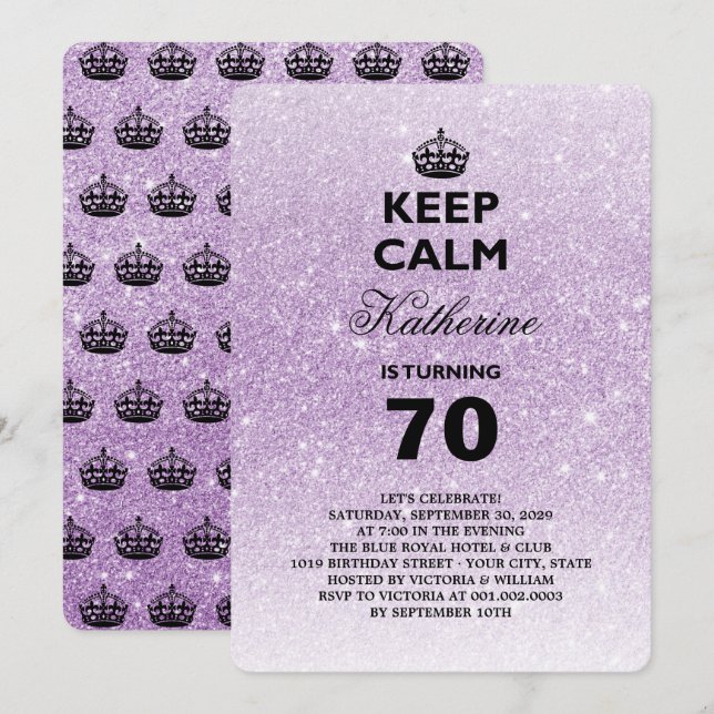 Keep Calm Glitter Milestone Birthday Party Invite (Front/Back)