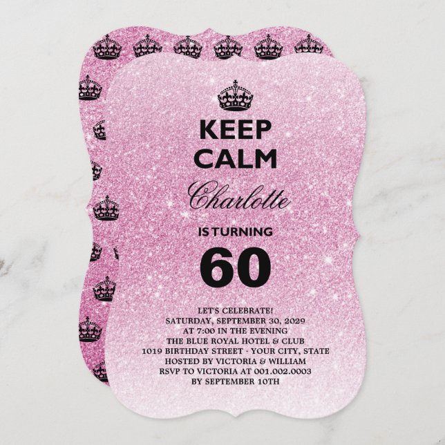 Keep Calm Glitter Milestone Birthday Party Invite (Front/Back)