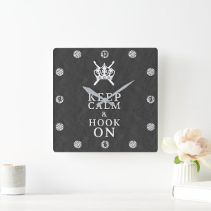 Keep Calm Hook On Crochet Craft Room Dark Square Wall Clock