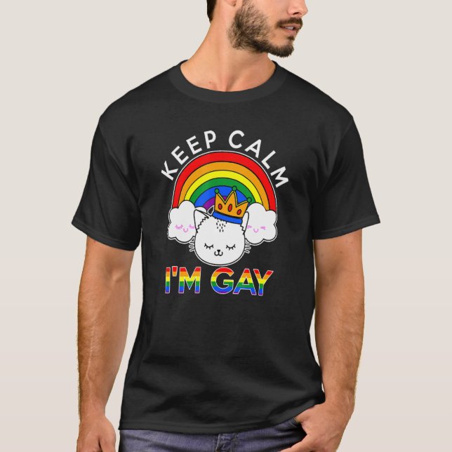 Keep Calm Im Gay Lgbtq Rainbow Flag Queen Cat Lgbt T-Shirt (Front)