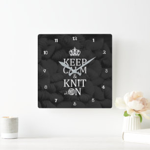 Keep Calm Knit On Craft + Yarn Room Dark Square Wall Clock