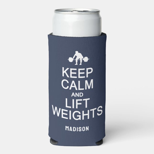 Keep Calm & Lift Weights custom name & colour Seltzer Can Cooler (Seltzer Front)