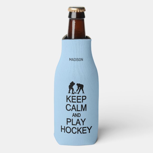 Keep Calm & Play Hockey custom name & colour Bottle Cooler (Bottle Front)