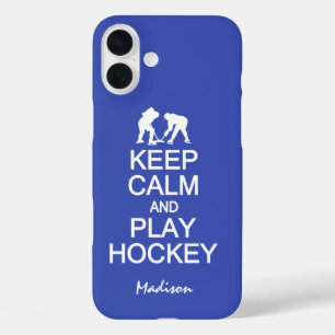 Keep Calm & Play Hockey custom name & colour iPhone 16 Plus Case