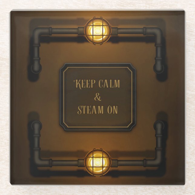 "Keep Calm & Steam On" Machine Age Steampunk Glass Coaster (Front)