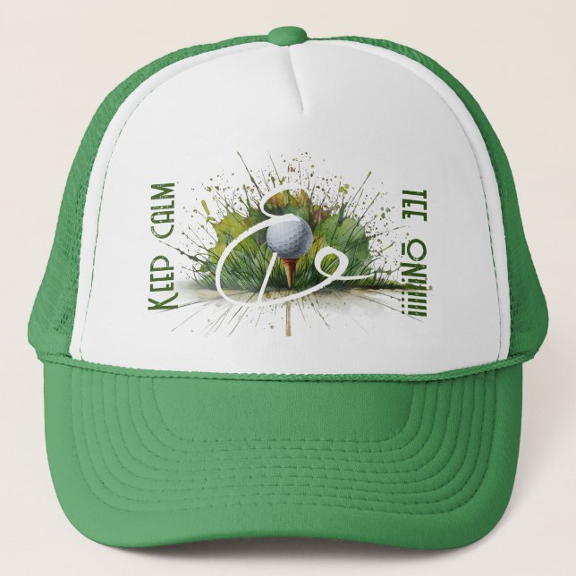 'Keep Calm & Tee On' Splash Art Golf Ball and Tee Trucker Hat (Front)