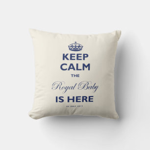 Keep Calm The Royal Baby Is Here White & Blue Text Cushion