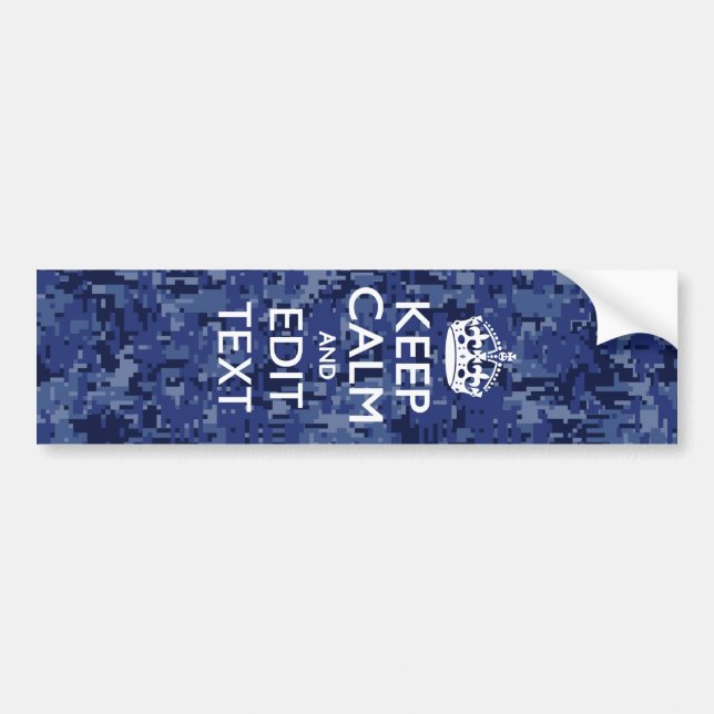 Keep Calm Your Text on Blue Digital Camouflage Bumper Sticker (Front)
