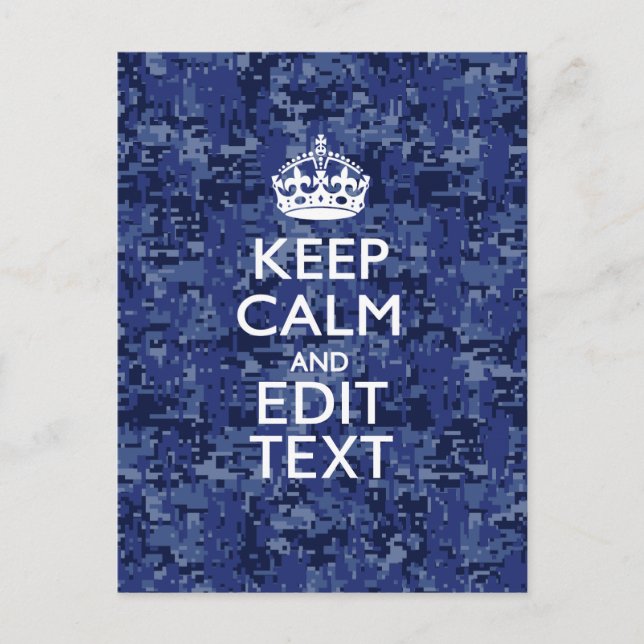 Keep Calm Your Text on Blue Digital Camouflage Postcard (Front)