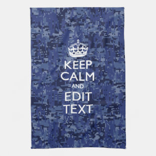 Keep Calm Your Text on Blue Digital Camouflage Tea Towel
