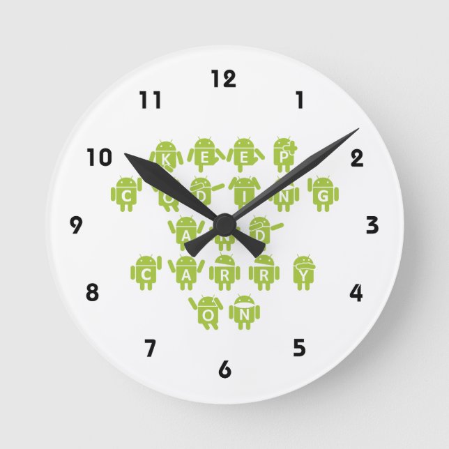 Keep Coding And Carry On (Bug Droid Font Shoutout) Round Clock (Front)
