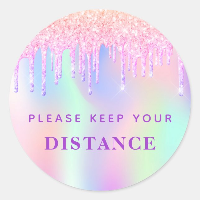 Keep distance beauty salon pink glitter iridescent classic round sticker (Front)