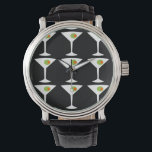 Keep 'Em Coming Martini Watch (black)<br><div class="desc">This Keep 'Em Coming Martini Watch features a black background and the tiled image of a white silhouette of a martini glass. Inside each glass is a glorious green olive with an orange pimento. This is a fun wristwatch for everyone who wishes they were a character in a classic movie....</div>