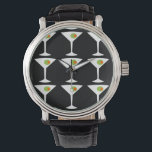 Keep 'Em Coming Martini Watch (black)<br><div class="desc">This Keep 'Em Coming Martini Watch features a black background and the tiled image of a white silhouette of a martini glass. Inside each glass is a glorious green olive with an orange pimento. This is a fun wristwatch for everyone who wishes they were a character in a classic movie....</div>