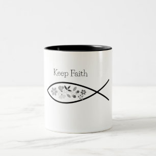 Keep Faith Fish Logo with FLowers Christian Two-Tone Coffee Mug