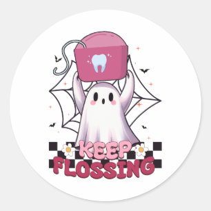 Keep Flossing Ghost Groovy Dental Hygiene Hallowee Classic Round Sticker
