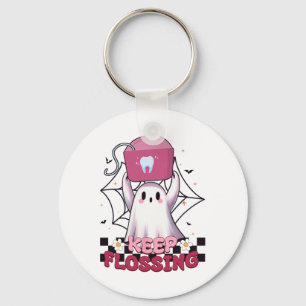 Keep Flossing Ghost Groovy Dental Hygiene Hallowee Key Ring