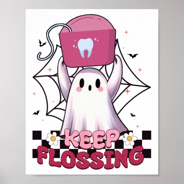 Keep Flossing Ghost Groovy Dental Hygiene Hallowee Poster (Front)