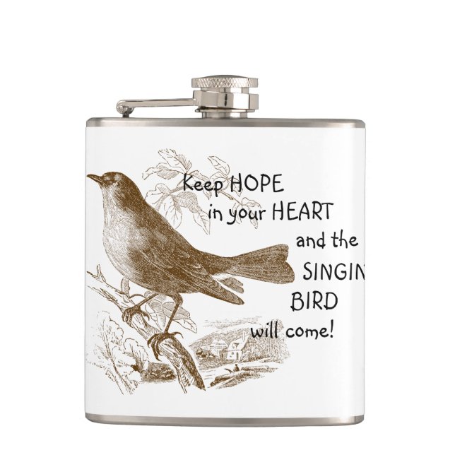Keep Hope in Your Heart Singing Bird on Branch Hip Flask (Front)