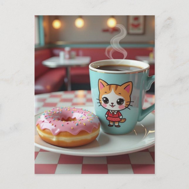 Keep in touch with this Cute Doughnut and Coffee Postcard (Front)
