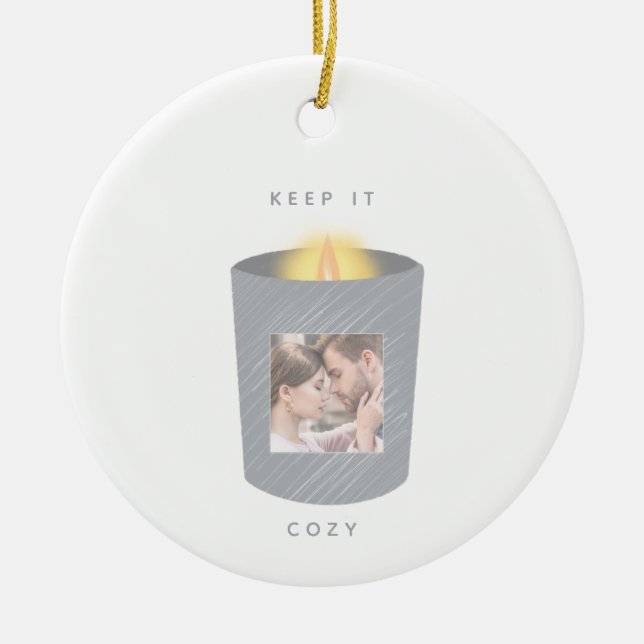 Keep it Cosy Illustrated Candle Photo Christmas Ceramic Tree Decoration (Front)
