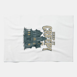 Keep It Creepy Vintage Haunted House Halloween Des Tea Towel
