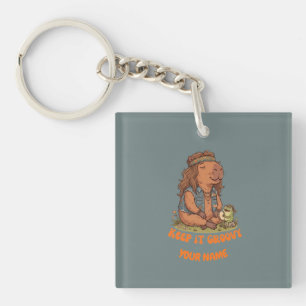 Keep It Groovy Capybara Cute Retro Custom Key Ring