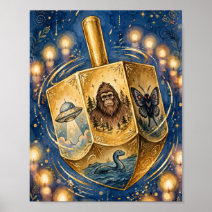 Keep It Lit—Bigfoot, Mothman, Nessie & UFO Dreidel Poster