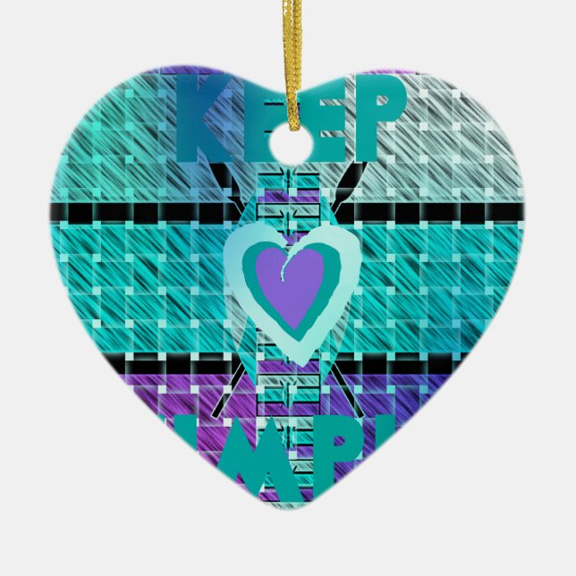 Keep It Simple: Cyan Heart & Clarity Pattern Art Ceramic Tree Decoration (Front)
